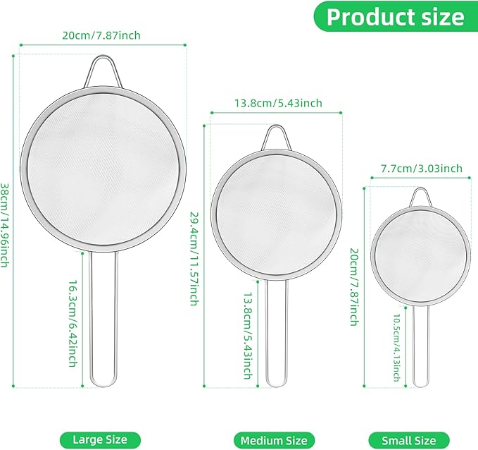 NUOMI Set of 3 Fine Mesh Strainer Spoon Stainless Steel Sieve Colander Sets Multifunctional Food Strainer with Long Handle for Sifting Flour, Tea, Frying Oil, Coffee Powder, Juice, Dia. 8/14/20 CM