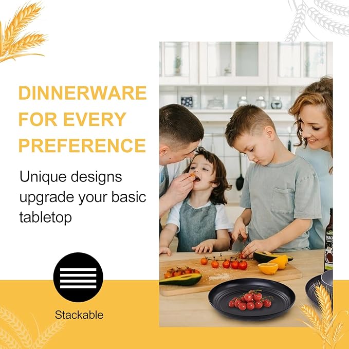 Rubtlamp Wheat Straw Dinnerware Sets, 16PCS Plastic Dinnerware Set for 4, Wheat Straw Plates and Bowls Sets, Unbreakable Dinnerware Plastic Microwave Safe Dishes Set for Kitchen&Camping