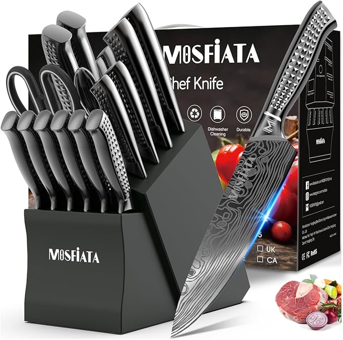 MOSFiATA Kitchen Knife Set, 17 Pcs Japanese Stainless Steel Knife Sets for Kitchen with Block with Knife Sharpening Rod, Dishwasher Safe, Titanium Plated Knife Block Set (Gray)