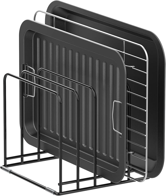 KORRTFID Kitchen Cabinet Organizer, Steel Cookware Holder, Divided Holder with 5 Slots for Skillets Baking Tray and Chopping Board Rack - Baking Pan Holder Storage (1 PC)