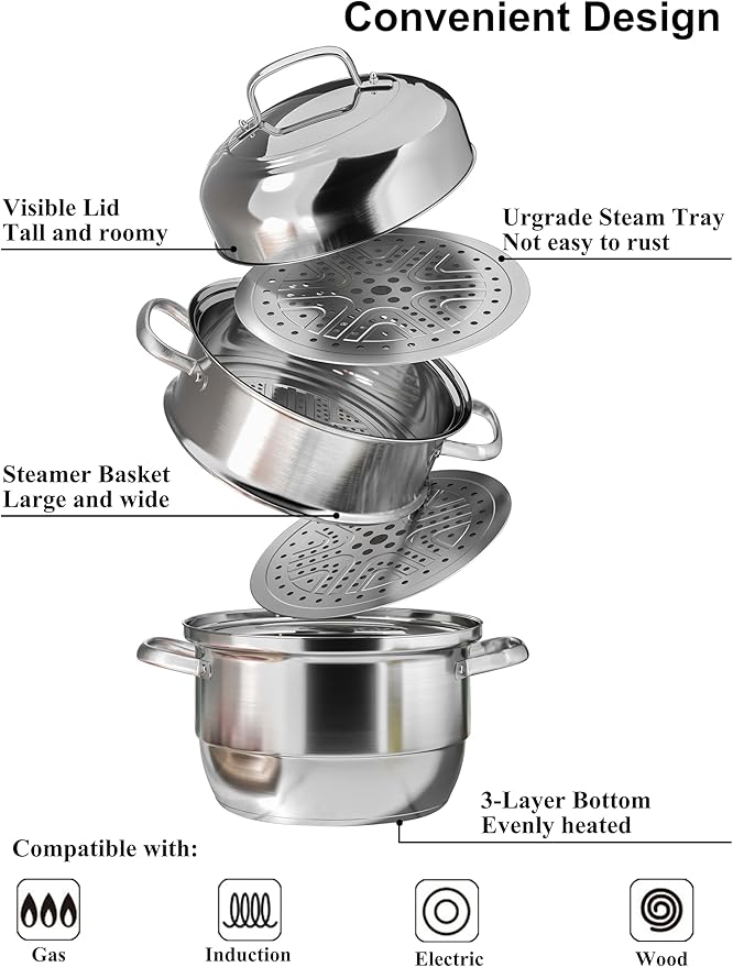 VENTION 3 tier Steamer Pot Stainless Steel Large 34cm, Induction Steamer for Cooking, 13.4 Inch Steam Pot for Dumpling