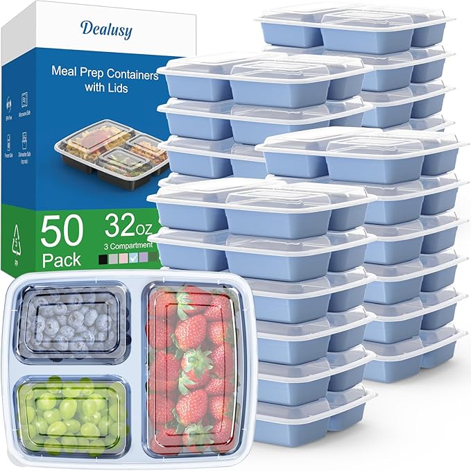 50 Pack (100-Piece) 32 oz Meal Prep Containers Reusable with Lids 3-Compartment, To Go Take Out Plastic Food Storage Containers, Sturdy Leakproof Food Safe, Microwave Freezer Dishwasher Safe, Blue
