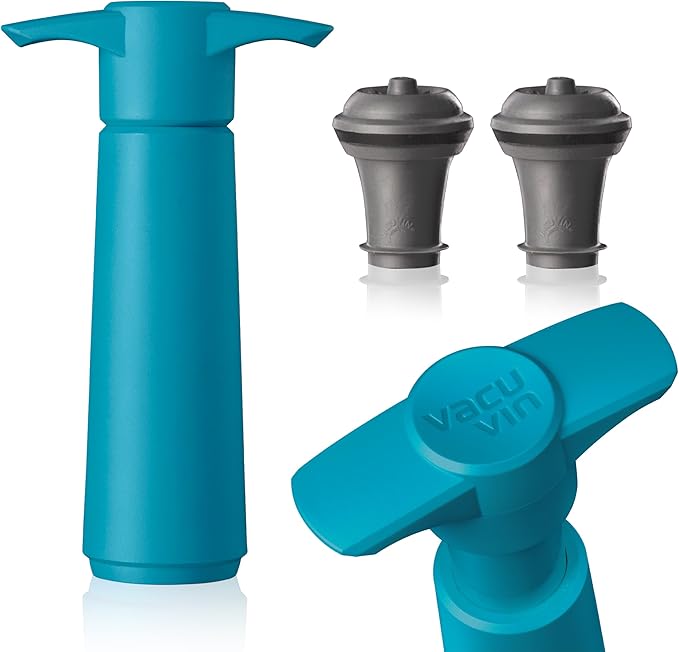 Vacu Vin Wine Saver Pump Blue with Vacuum Wine Stopper - Keep Your Wine Fresh for up to 10 Days - 1 Pump 2 Stoppers - Reusable - Made in the Netherlands