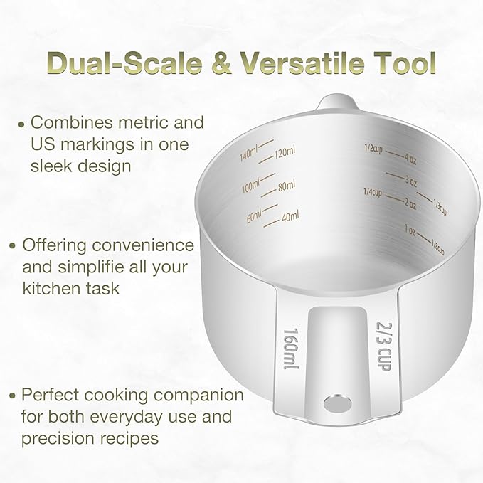 1PCS 2/3Cup (160ml, 5.3oz) Single Measuring Cup, Etched Inner Scale Stainless Steel Measure Scoop, Metric and US Measurement, Dishwasher Safe