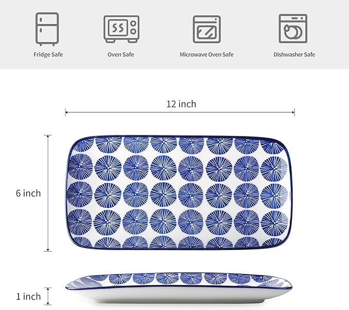 Selamica Ceramic Rectangular Serving Platters Set of 4, 12 Inch Serving Trays/Dishes for Party Entertaining, Rectangular Dinner Plates for Appetizer Salad Dessert Sushi, Vintage Blue