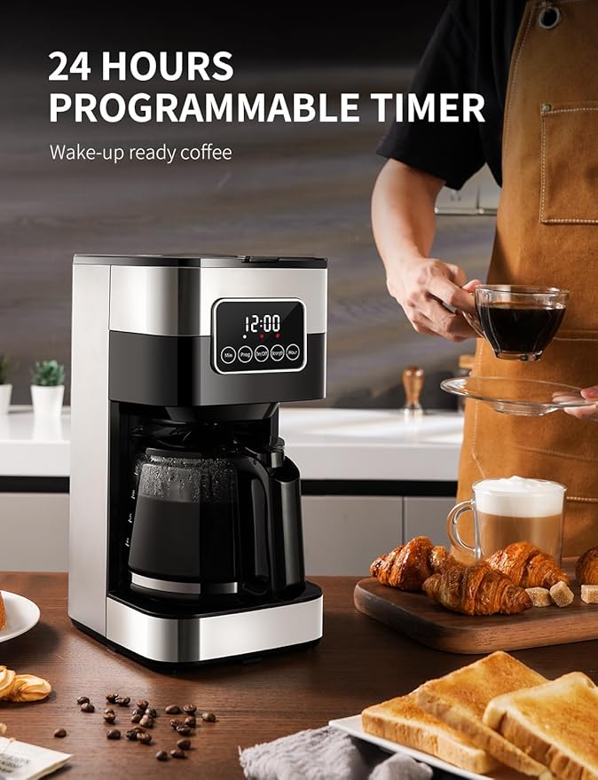 SHARDOR 10-Cup Programmable Coffee Maker, Regular & Strong Brew Drip Coffee Machine for Home and Office, Auto Shut Off, Permanent Filter, Silver