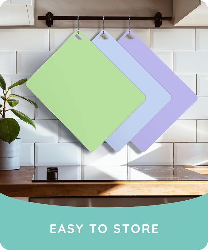 July Home Cutting Board Alternative for Kitchen - Extra Thick Flexible Plastic Cutting Board Set of 3, Non-Slip, BPA-Free, Easy to Clean, Colored Cutting Mats for Cooking, Durable Chopping Sheets