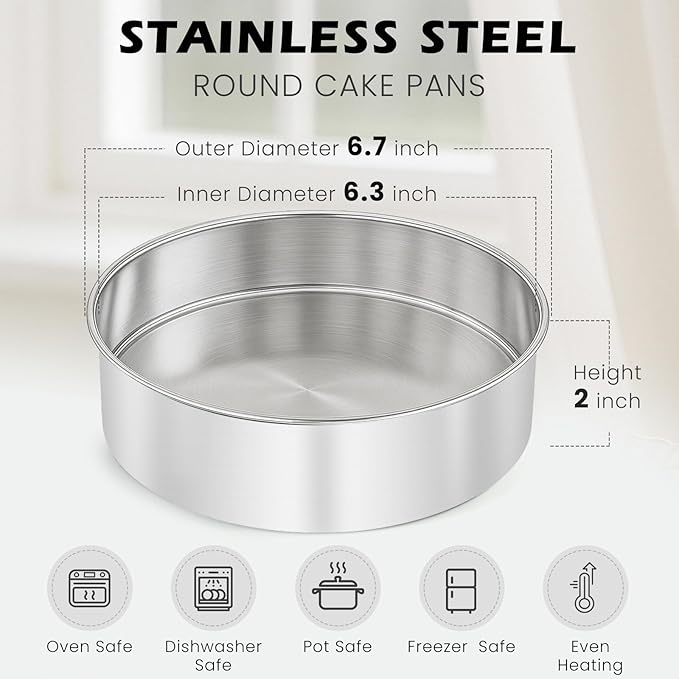 6 Inch Cake Pan - 3PCS Stainless Steel Smash Cake Baking Pans Tins, Round Bakeware for Party Birthday Wedding, Mirror Finish & Dishwasher Safe