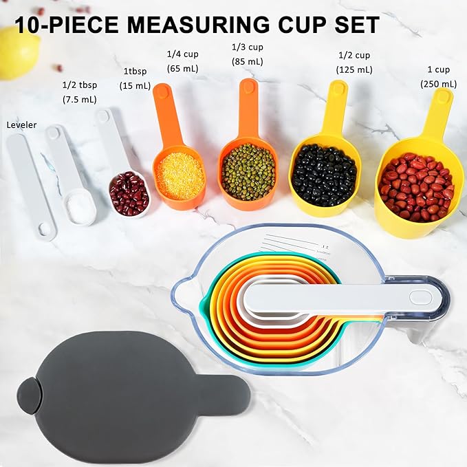 Measuring Cups and Spoons set 10 Pieces, Stackable Measuring Cup with Lid, Kitchen Cooking Baking Measuring Set for Liquid and Dry, BPA Free, Dishwasher Safe (Multicolor)