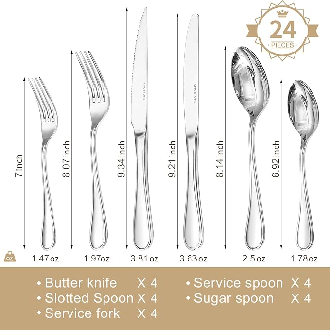 KINGSTONE 24 Piece Teardrop Silverware Set with Steak Knives, 18/10 Stainless Steel Flatware Set for 4, Modern Design Cutlery Set for Home/Hotel/Wedding,Mirror Polished and Dishwasher Safe