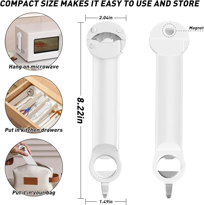 Jar Opener Bottle Opener for Seniors with Arthritis, Multi Retractable Magnetic Can Opener, Jar Grippers for Opening Jars, Kitchen Gadgets for Weak Hands and Senior Arthritis (White)