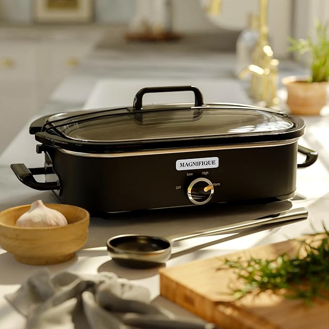 [NEW] MAGNIFIQUE 4-Quart Slow Cooker with Casserole Manual Warm Setting - Perfect Kitchen Small Appliance for Family Dinners, Dishwasher Safe Crock, Black