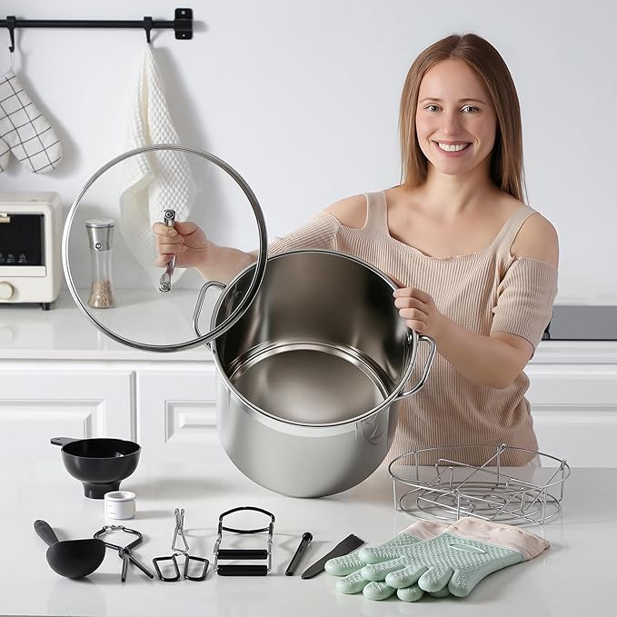 Stainless Steel Canning Pot with Rack and Lid, Large Water Bath Canner, Full Home Canning Supplies Starter Kit (20.5 Quarts, Black)