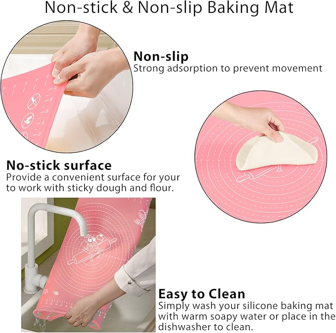 Silicone Pastry Mat 32" x 24" Extra Thick Non Stick Baking Mat with Measurements and Edge Heightening, Food Grade Silicone Rolling Mat for Pastry, Bread, Cookies, Pizza, Fondant, Pasta - Pink