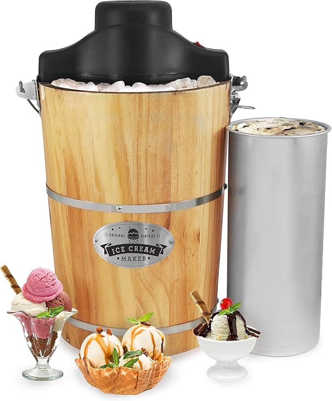 Elite Gourmet EIM916X Old Fashioned 6 Quart Vintage Wood Bucket Electric Ice Cream Maker Machine Appalachian, Bonus Classic Die-Cast Hand Crank for Churning, Uses Ice and Rock Salt