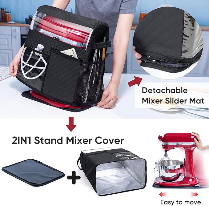 BAGSPRITE Stand Mixer Cover with Detachable Appliance Sliders Base Compatible with KitchenAid Mixer-Storage Bag for 6/7/8 Quart with Pockets for Kitchen Aid Accessories and Attachments