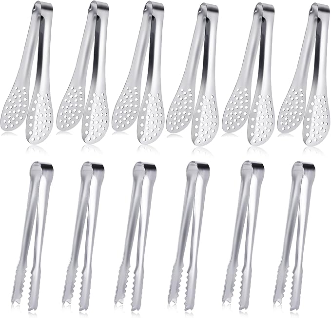 JCREN 12 Pack Mini Tongs - Small Stainless Steel Food Tongs for Serving Appetizers, Tea Party, Coffee, Desserts - 5 inch - Silver