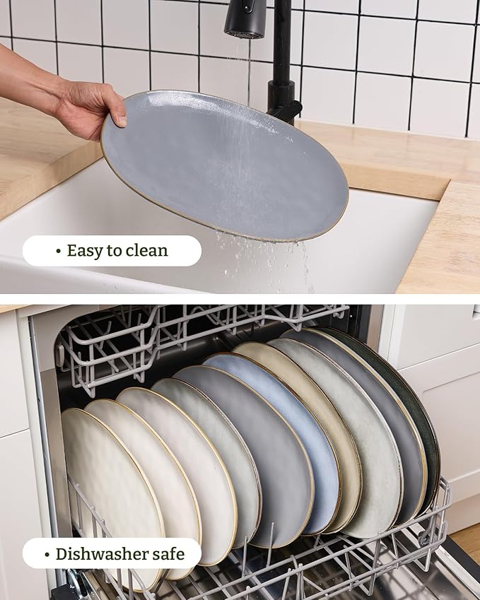 famiware Serving Platter, Oval 15.59/14.3/12.9 inch Serving Dishes for Entertaining, Serving Bowls, Microwave Safe, Fine Stonware Serving Trays for Party, Turkey, Cheese, Ocean Series, Dark Grey