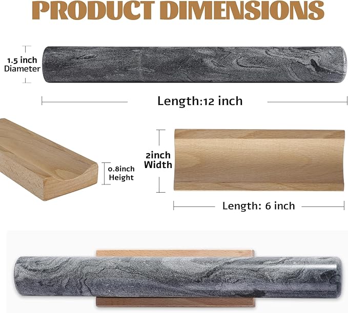 Koville African Natural Marble French Rolling Pin, 12inch Non-Stick Rolling Pin for Baking, Dough Roller for Pasta, Dumpling, Fondant, Pie, Bread, Pizza, Kitchen Baking Tools(Monte Grigio)