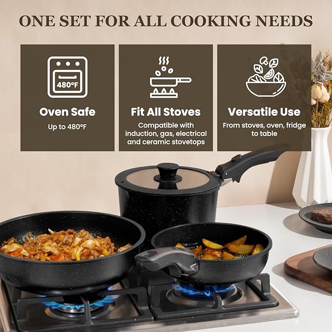 KIKCOIN 20 Pcs Pots and Pans Set Non Stick, Detachable Handle Cookware Sets Nonstick, Non Toxic Induction RV Kitchen Cooking Set with Removable Handles, Dishwasher/Oven Safe, Easy Clean (Black)