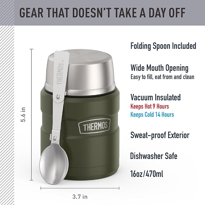 THERMOS Stainless King Vacuum-Insulated Food Jar with Spoon, 16 Ounce, Army Green