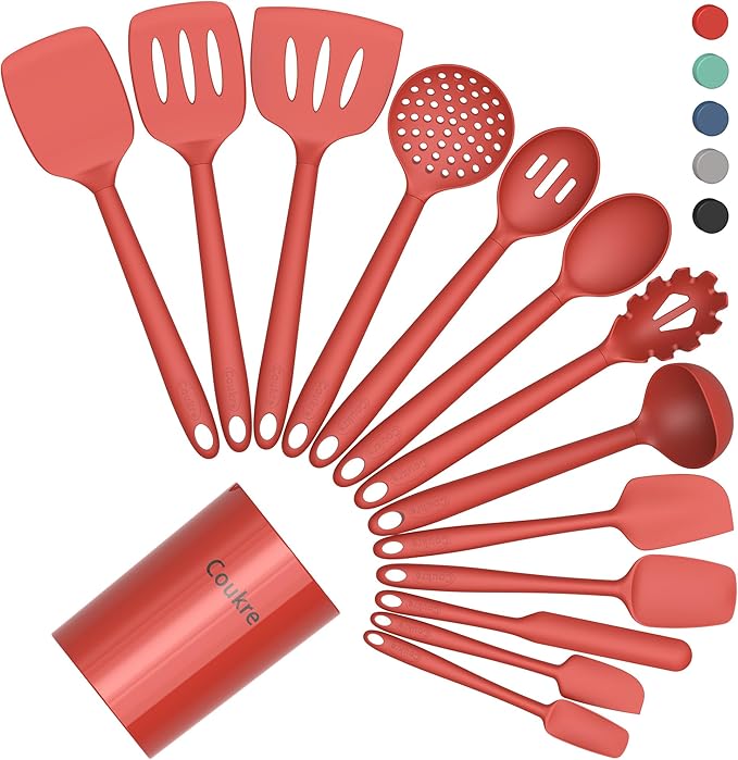Coukre Silicone Kitchen Cooking Utensils Set with Holder – Heat-Resistant, Food-Grade Kitchen Tools, Spatula, Spoon & Gadgets for Non-Stick Pans, Dishwasher Safe (14, PureRed)