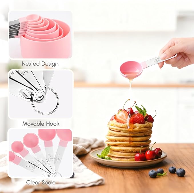 Measuring Cups and Spoons Set, 10 Pieces Stackable Measure Tools with Stainless Steel Handles, Kitchen Gadgets for Cooking & Baking (Pink)