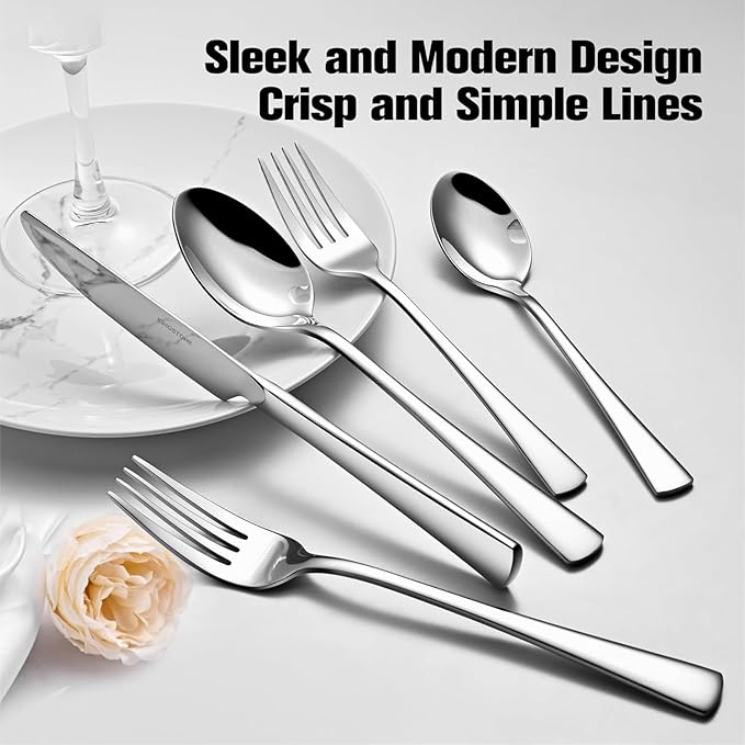KINGSTONE Silverware Set for 8, 45-Piece Forged 18/10 Stainless Steel Flatware Set with Serving Utensils, Mirror Finish Cutlery Set Dishwasher Safe for Home, Restaurant, Wedding, Party