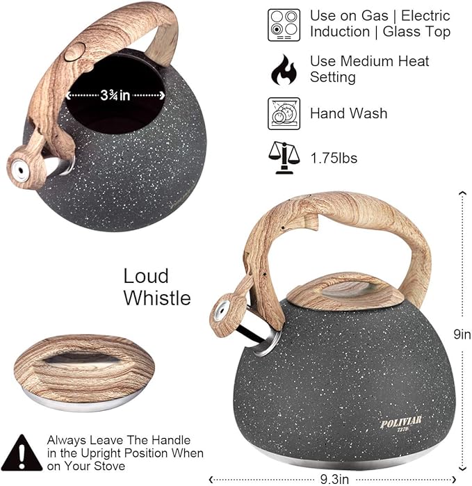 POLIVIAR Tea Kettle, 2.7 Quart Natural Stone Finish with Wood Pattern Handle Loud Whistle Food Grade Stainless Steel Teapot, Anti-Hot Handle and Anti-Rust, Suitable for All Heat Sources (JX2018-GR20)