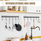 Kitchen Utensil Hanger, Adhesive Utensil Holder Wall Mount Kitchen Rack Rail with 12 Hooks, Space Saving and No Drilling, Black, 2 Pcs