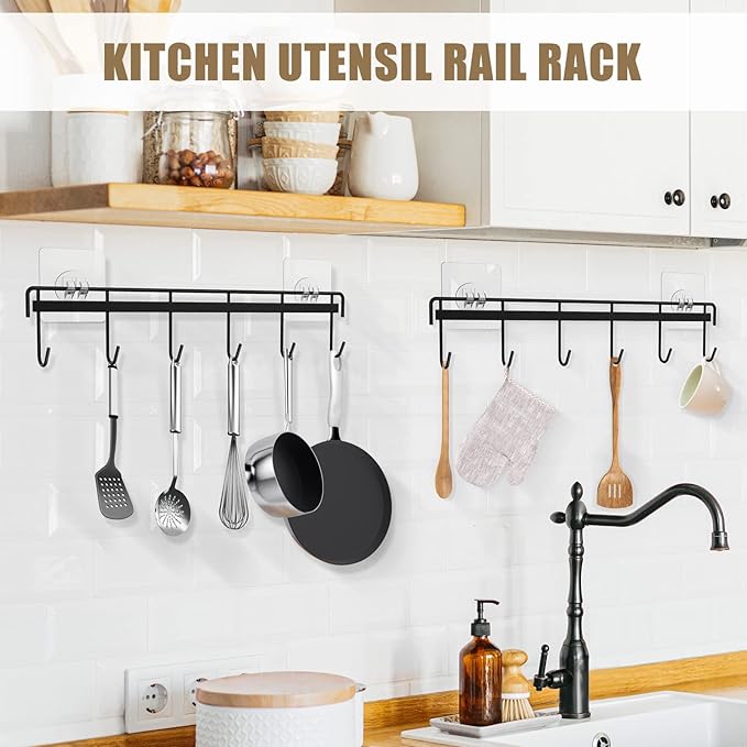 Kitchen Utensil Hanger, Adhesive Utensil Holder Wall Mount Kitchen Rack Rail with 12 Hooks, Space Saving and No Drilling, Black, 2 Pcs
