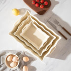 Sweejar Casserole Dishes for Oven, Ceramic Bakeware Set of 3, Rectangular Baking dish with Handles, Wave Edge Lasagna Pan Deep for Cooking, Cake, Dinner, Banquet and Daily Use (Beige)