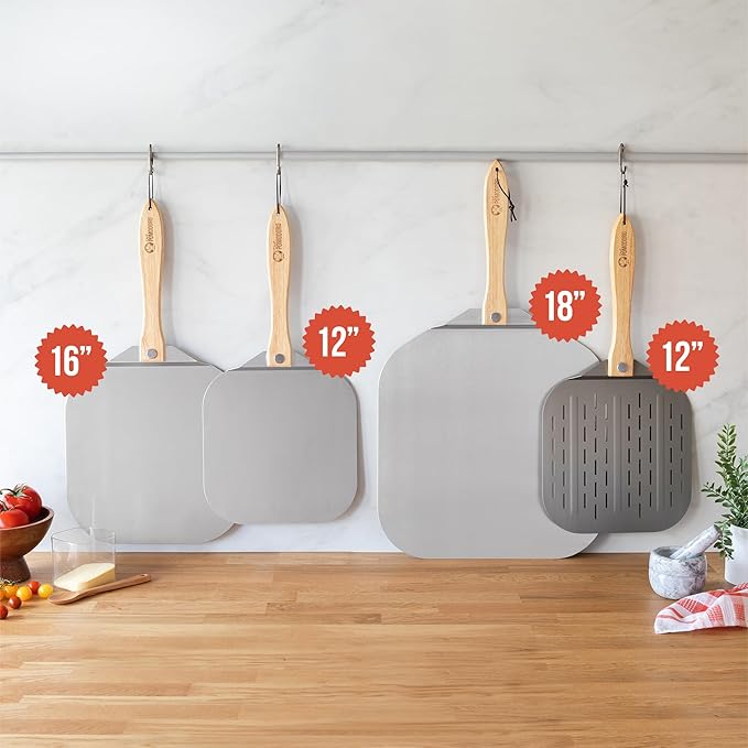 Chef Pomodoro Aluminum Metal Pizza Peel with Foldable Wood Handle for Easy Storage, Pizza Spatula, Gourmet Luxury Pizza Paddle for Baking Homemade Pizza Bread (18 x 20 inch)