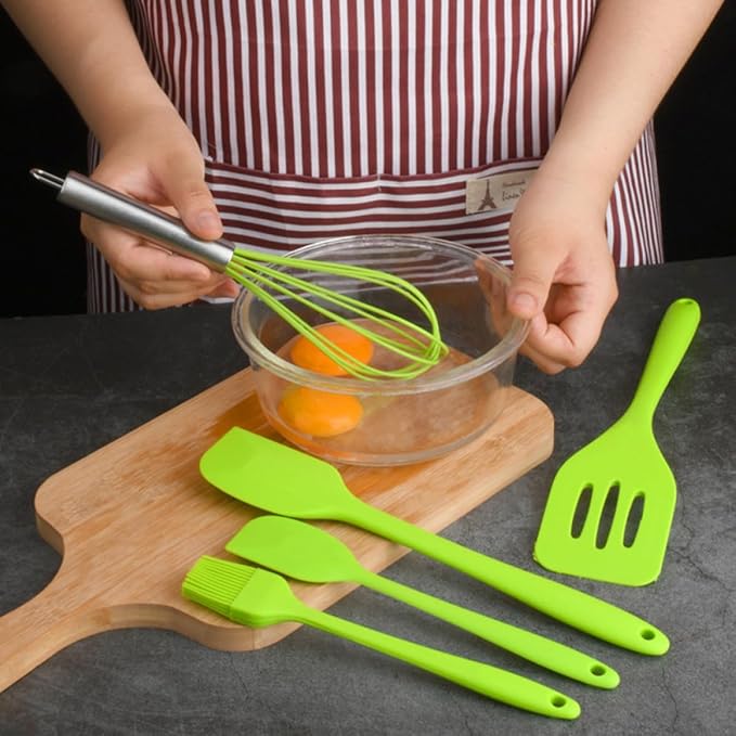 SUPVOX 5pcs Kitchen Silicone Utensil Set with Egg Whisk and Shovel, Nonstick Food-grade Silicone Cooking Gadgets for Baking and Home Cooking, Green