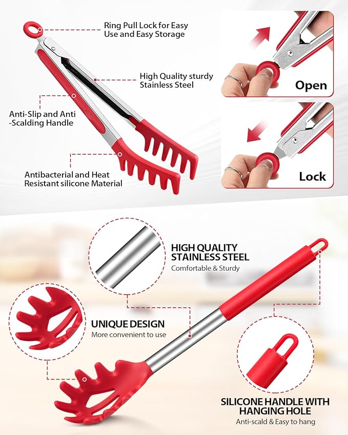 Spaghetti Spoon and Pasta Tong, Non-stick Silicone Spoon Server Fork with teeth and Stainless Steel Handle Spaghetti Tong, Food Clip for Spaghetti Noodle (RED)
