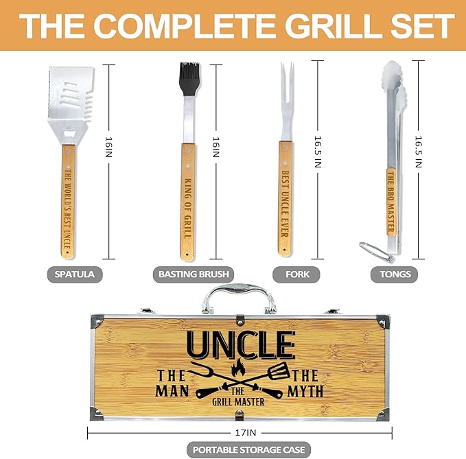 Uncle Gifts, Uncle Gift from Niece Fathers Day Heavy Duty Wooden BBQ Grilling Accessories Kit for Backyard, Thick Stainless Steel Grill Utensils with Non-Slip Handle Tools in Portable Bag Father's Day