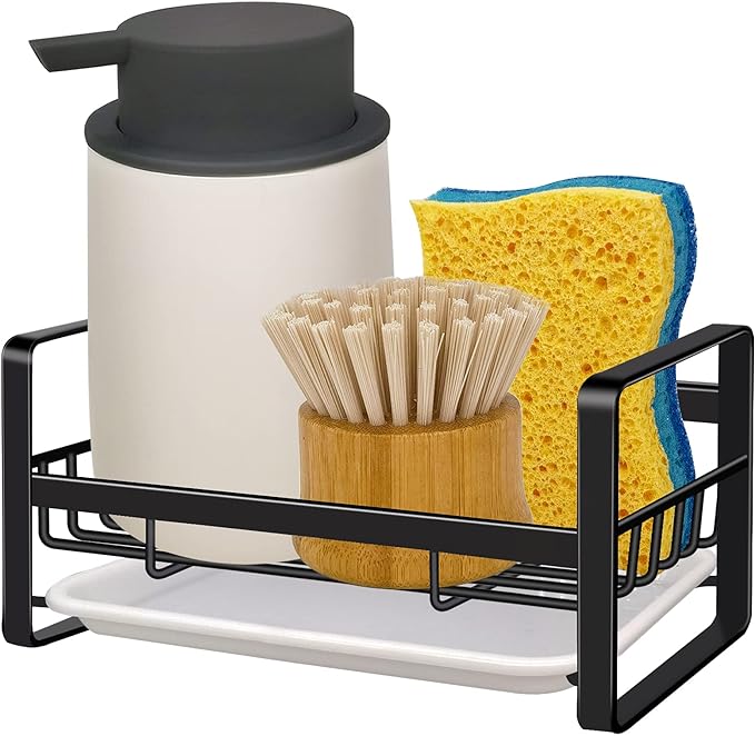 VANTEN Kitchen Sink Caddy Sponge Holder Organizer, Sink Tray Drainer Rack, Soap Dish Dispenser Brush Holder Storage Accessories - Countertop or Adhesive Wall Mount, Matte Black Stainless Steel