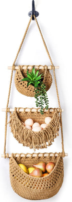 Lawei 3 Tier Hanging Fruit Basket, Wall Hanging Vegetable Fruit Baskets Cotton Woven Storage Baskets for Organizing, BOHO Wall Basket Decor, Over the Door Organizer for Kitchen, Bedroom, Bathroom