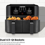 Chefman TurboFry Touch Dual Air Fryer, Maximize The Healthiest Meals With Double Basket Capacity, One-Touch Digital Controls And Shake Reminder For The Perfect Crispy And Low-Calorie Finish