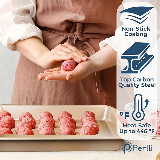 Perlli Baking Kit: Nonstick Gold Steel Oven Set - 6 Pieces, Round Cake Pan, Loaf Pan, Square Pan, Muffin Pan, Cookie Sheet, Roaster - Silicone Handles