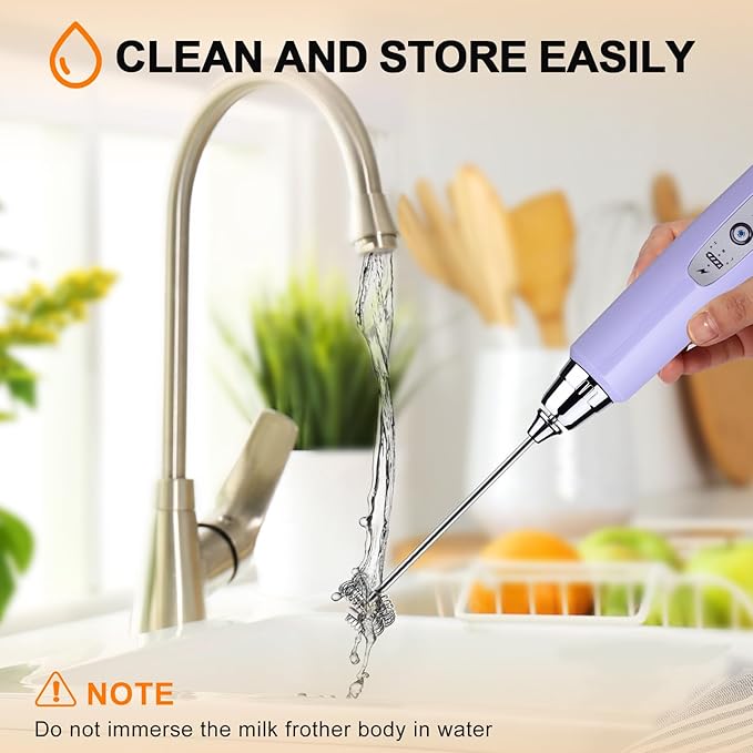 YUSWKO Light Purple Rechargeable Milk Frother for Coffee with Stand, Handheld Drink Mixer with 3 Heads 3 Speeds Electric Stirrers for Latte, Cappuccino, Hot Chocolate, Egg