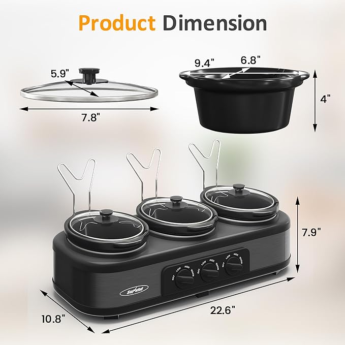 Triple Slow Cooker, Buffet Food Warmer with 3 * 1.5 Quarts Removable Ceramic Pots, Buffet Servers and Warmers with Glass Lids and 3 Spoons, Stainless Steel,Grey