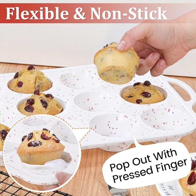 CAKETIME Silicone Muffin Pan with Metal Frame, Metal Reinforced Frame Regular Size Cupcake Pan with Handle 12 Cups Nonstick Muffin Pan for Baking BPA Free 2 Pack