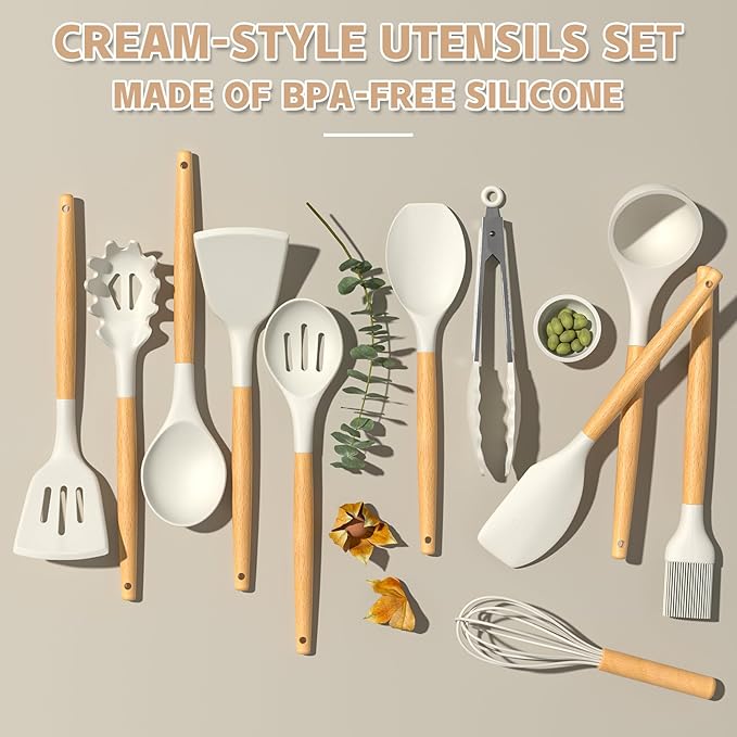 Umite Chef Kitchen Cooking Utensils Set, 33 pcs Non-stick Silicone Cooking Kitchen Utensils Spatula Set with Holder, Wooden Handle Silicone Kitchen Gadgets Utensil Set (Cream White)