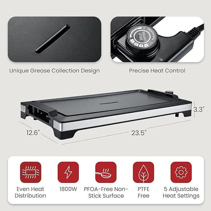 Electric Smokeless Indoor Griddle, Flat Top Grill, 1800W Fast Heat Up BBQ Grill, Large Nonstick Cooking Plate, 5 Levels Adjustable Temperature, Detachable & Dishwasher Safe, Cool-touch Handles, Black