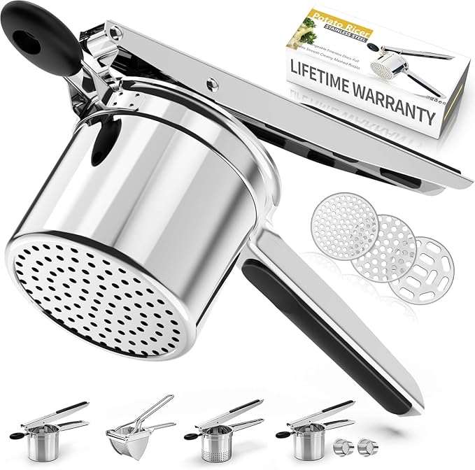 Potato Ricer, Ricer for Mashed Potatoes, 3 Interchangeable Discs Potato Masher Stainless Steel for Fluffy Mashed Potatoes, Heavy Duty Spaetzle Maker with Silicone Handle, for Gnocchi Spaghetti