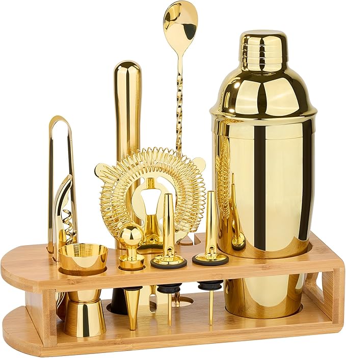 Cocktail Shaker Set Bartender Kit : 12-Piece Bar Tool Set with Bamboo Stand | Bars Set with All Practical Bar Accessories, for Drink Mixing, Bar, Home, Lounge & Party (Gold)