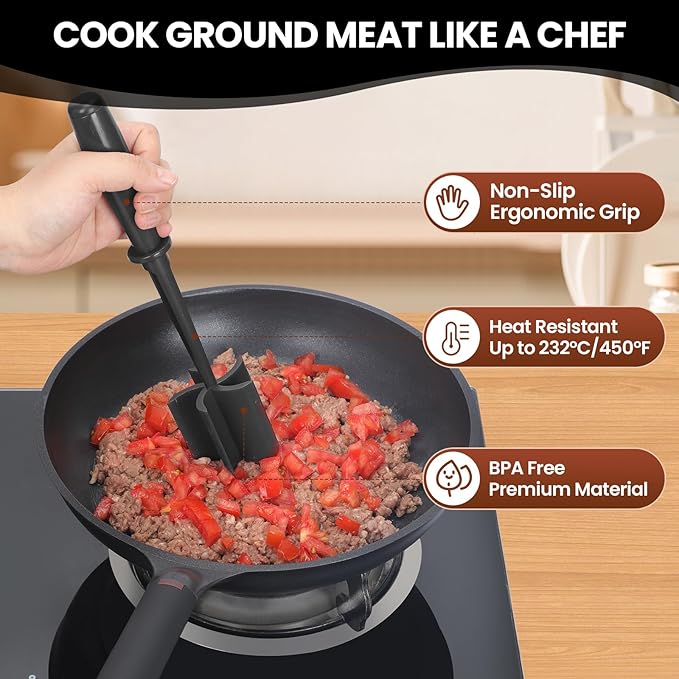 CUNSENR Premium Meat Chopper - 5 Curve Blade Ground Beef Smasher Tool - Heat-Resistant Nylon Meat Masher for Ground Beef, Hamburger, Potatoes - Non-Stick Ground Meat Chopper for Easy Mixing - Black