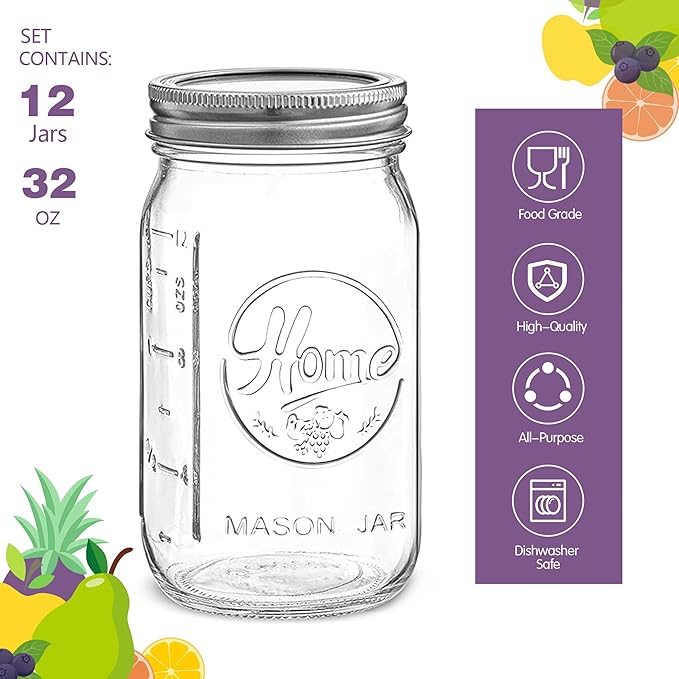 12 Pack Wide Mouth Mason Jars 32 oz - Heavy Duty Glass Quart Mason Jars With Airtight Lids for Pickling, Canning, Food Storage, Meal Prep and Fermenting, Leak Proof
