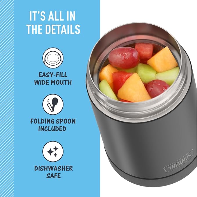 THERMOS FUNTAINER Insulated Food Jar, 16 Ounce, Kid Friendly Thermos Food Jar with Foldable Spoon, Matte Charcoal
